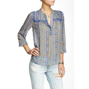 LUCKY BRAND Semi Sheer Blouse Top Size Small Blue Boho Peasant Beaded Detail